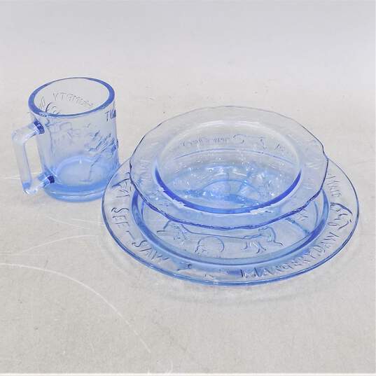 Vintage Nursey Rhyme Set of Mug Plate And Bowl Blue Glass image number 1