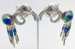 Artisan 925 Southwestern Azurite Cabochon Tassels Drop & Stamped Dome Earrings