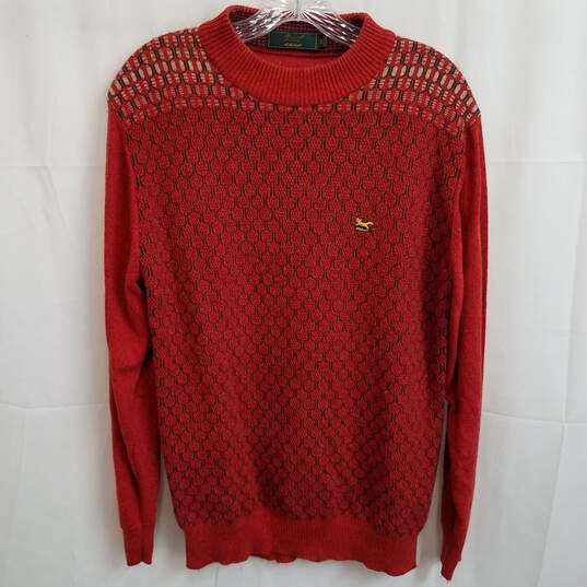 Men's red patterned knit crewneck sweater with fox motif image number 1