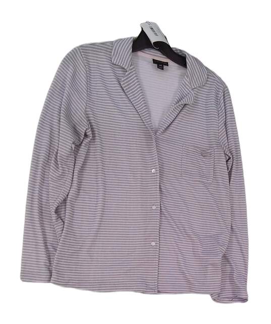 Womens Gray White Striped Long Sleeve Pocket Button Up Shirt Size M image number 1