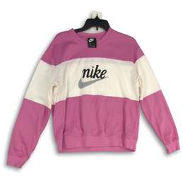 Nike Womens Pink White Long Sleeve Logo Pullover Sweatshirt Size M