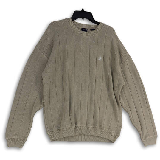 Mens Tan Knitted Cuffed Hem Crew Neck Long Sleeve Pullover Sweater Size XL image number 1
