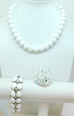 Vintage & Japan Silvertone White Milk Glass Beaded Necklace Rhinestones & Cabochons Bracelet & Aurora Borealis Crystal Flowers Brooch 119.5g