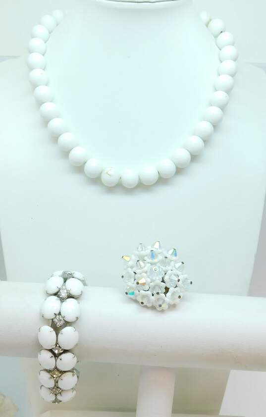 Vintage & Japan Silvertone White Milk Glass Beaded Necklace Rhinestones & Cabochons Bracelet & Aurora Borealis Crystal Flowers Brooch 119.5g image number 1