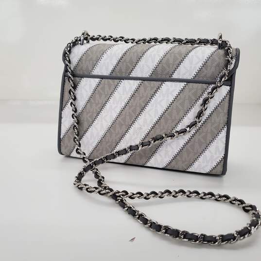 Michael Kors Rose Medium Gray White Striped Leather Flap Shoulder Bag image number 4