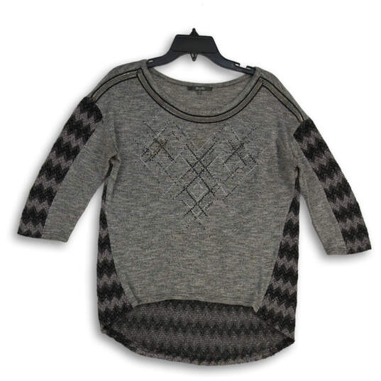 Womens Gray Knitted Round Neck 3/4 Sleeve High Low Pullover Sweater Size M image number 1