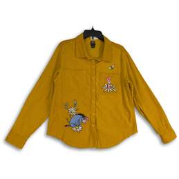 Disney Womens Yellow Pooh & Friends Spread Collar Button-Up Shirt Size Large