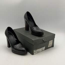 Gucci Womens Dark Gray Brown Leather Slip On Block Pump Heels Size 7.5 w/ COA