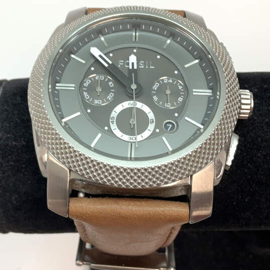 Designer Fossil FS-4486 Silver-Tone Brown Leather Strap Analog Wristwatch image number 1