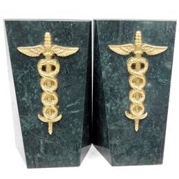 Vintage Pair Of Green Marble Brass Caduceus Medical Bookends Home Decor