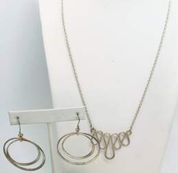 Artisan 925 Flat Squiggle Pendant Cable Chain Necklace & Nested Open Circles Drop Earrings 18.3g