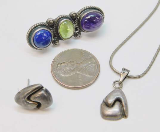 Artisan Sterling Silver Geometric Necklace & Amethyst Peridot & Lapis Earrings 17.6g image number 4