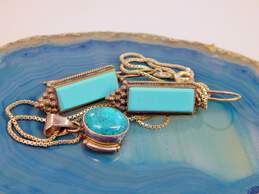 925 AJ Signed Turquoise Pendant Necklace & Faux Stone Earrings 12.4g