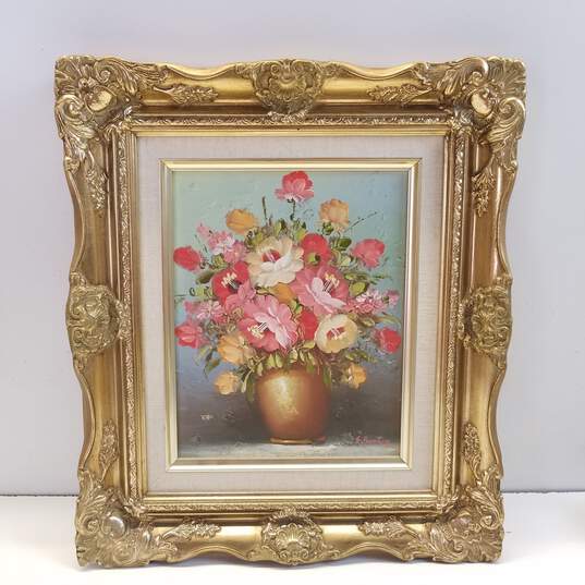 Spring Floral Still Life with Ornate Gilded Frame Set of 2 Oil on Board, Signed image number 3