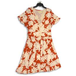 Maeve Womens Ivory Orange Floral V-Neck Short Sleeve Fit & Flare Dress Size XL