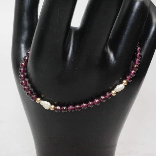 14K Yellow Gold Purple Garnet & Pearl Beaded Bracelet 4.9g image number 1
