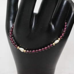 14K Yellow Gold Purple Garnet & Pearl Beaded Bracelet 4.9g