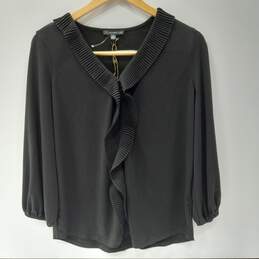 Adrianna Papell Women's Pleated Ruffled V Neck Knit Blouse Top Black Size S NWT