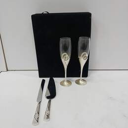 2 Champagne  Flutes with Silver Cake Knife and Server IOB