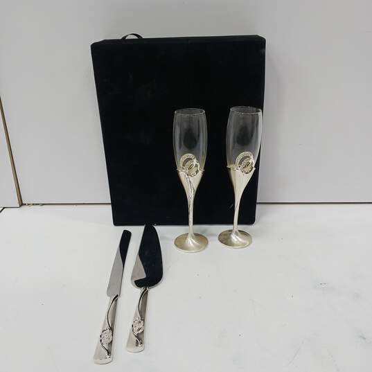 2 Champagne  Flutes with Silver Cake Knife and Server IOB image number 1