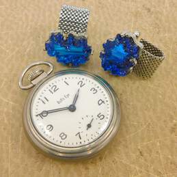 Vintage Westclox Bull's Eye Openface Pocket Watch & Blue Glass Cufflinks 80.5g