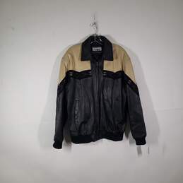 Mens Leather Long Sleeve Collared Full-Zip Bomber Jacket Size Large