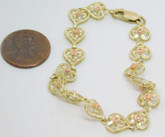 10K Yellow & Rose Gold Floral Filigree Heart Linked Bracelet 5.0g image number 6