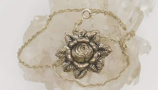 Vintage Frank Kulik Kulikraft 925 Repousse Rose Flower & Leaves Pendant Brooch Twisted Chain Necklace 10.3g image number 3
