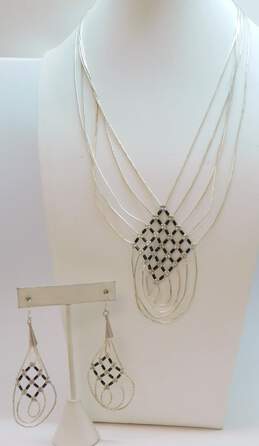 Artisan 925 Southwestern Faux Onyx Beaded Woven Liquid Silver Multi Chain Necklace & Drop Earrings 19.3g