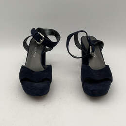 Womens Blue Leather Open Toe Stiletto Heel Ankle Strap Sandals Size 5.5