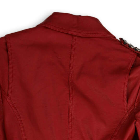 Womens Red Leather Long Sleeve Collared Full-Zip Motorcycle Jacket Size S image number 4