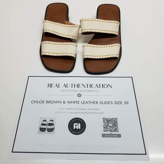 AUTHENTICATED Chloe Brown & White Leather Slides Size 39 image number 1