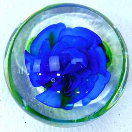 Vintage Murano Style Art Glass Blue Rose Paperweight