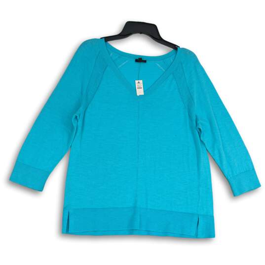 NWT Talbots Womens Blue Knitted V-Neck Long Sleeve Slit Hem Pullover Sweater L image number 1