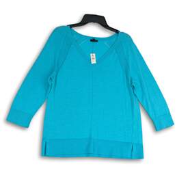 NWT Talbots Womens Blue Knitted V-Neck Long Sleeve Slit Hem Pullover Sweater L