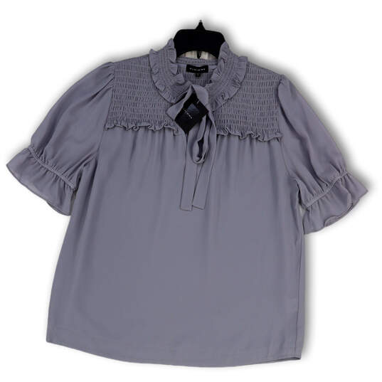 NWT Womens Gray Ruffle Short Sleeve Smocked Pullover Blouse Top Size Small image number 1