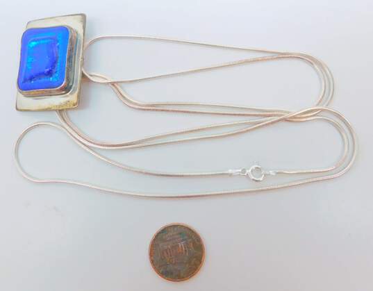 Signed D Wayne 1998 925 Modernist Blue Dichroic Art Glass Tiered Rectangle Pendant Long Snake Chain Necklace 30.4g image number 4