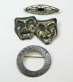 Artisan 925 Onyx & Rhinestones Art Deco Pointed Happy & Sad Drama Masks & Etched Open Circle Brooches Variety 25.1g
