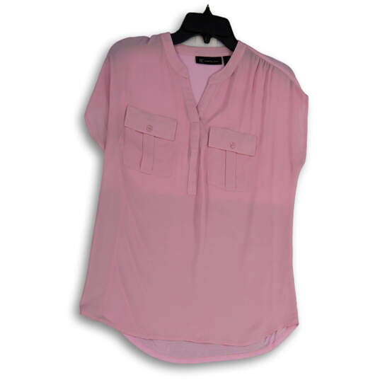 Womens Pink Short Sleeve Front Pockets Split Neck Pullover Blouse Top Sz M image number 1