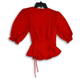 Womens Red Scalloped Wrap Neck Tie Waist 3/4 Sleeve Peplum Blouse Top Sz 2 alternative image