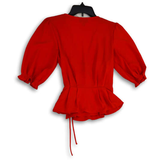 Womens Red Scalloped Wrap Neck Tie Waist 3/4 Sleeve Peplum Blouse Top Sz 2 image number 2