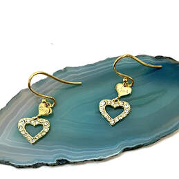 Designer Coach Gold-Tone Rhinestone Heart Fish Hook Drop Earrings