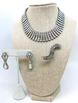 VTG Silvertone Icy Rhinestones Collar Necklace Drop Earrings & Curved Brooch