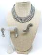 VTG Silvertone Icy Rhinestones Collar Necklace Drop Earrings & Curved Brooch image number 1