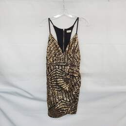 Tea & Cup Los Angeles Black & Gold Sequin Deep Plunge Lined Mini Dress WM Size M