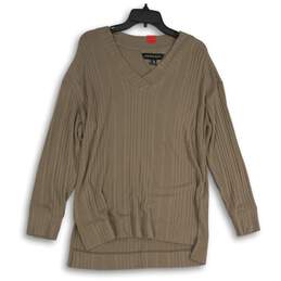 NWT Andrew Marc Womens Brown Ribbed V-Neck Long Sleeve Pullover Sweater Size M