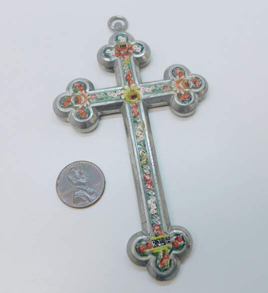 Vintage Silvertone Micro Mosaic Colorful Floral Inlay Cross Statement Pendant 63.8g image number 3