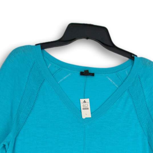 NWT Talbots Womens Blue Knitted V-Neck Long Sleeve Slit Hem Pullover Sweater L image number 3
