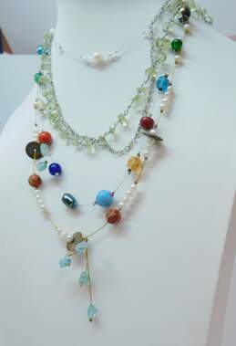 Artisan 925 & Vermeil Peridot Chips Aqua Coral Hematite Pearl & Art Glass Beaded Necklaces Variety 33.8g alternative image