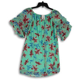 NWT Womens Green Floral Short Sleeve Round Neck Pullover Blouse Top Size 2